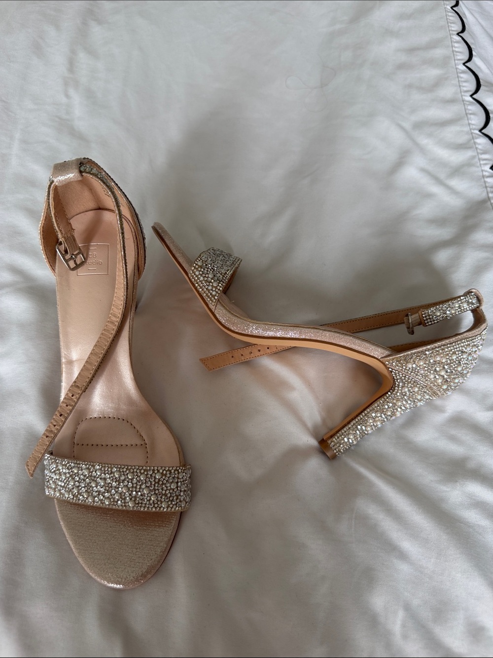 Crystal Embellished Nude Ankle-Strap Heels